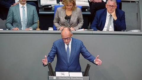 German Chancellor Friedrich Merz participates in the general debate as part of the budget deliberations in the Bundestag, in Berlin.