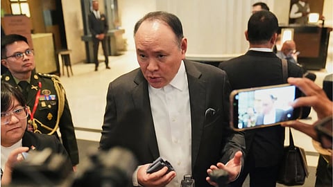 Philippine’s Defense Secretary Gilberto Teodoro talks to the media as he attends the Shangri-La Dialogue, Asia’s annual defense and security forum, in Singapore.