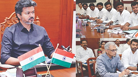 Chief Minister C Joseph Vijay chairing the meeting of ministers and senior officials