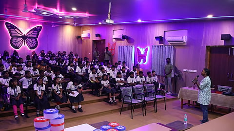 Students attend an awareness programme at Tropical Butterfly Conservatory in Srirangam on Wednesday