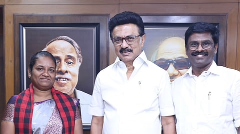 DMK's candidates for the bypolls with party chief MK Stalin at Anna Arivalayam on Thursday