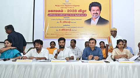 HR&CE Minister S Ramesh speaking to media after reviewing ongoing Mahamaham preparatory works at Kumbakonam on Thursday
