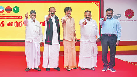 CM and TVK president C Joseph Vijay with alliance leaders at the meeting