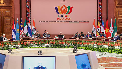 Prime Minister Narendra Modi with Russian President Vladimir Putin, Chinese President Xi Jinping, and others, during the 18th BRICS Summit, at the Bharat Mandapam, in New Delhi