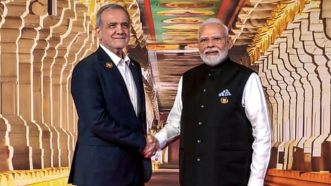 Prime Minister Narendra Modi receives Iranian President Masoud Pezeshkian before the 18th BRICS Summit, at the Bharat Mandapam, in New Delhi