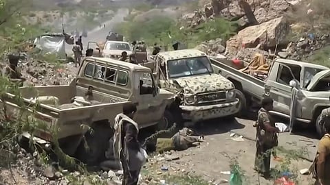 This image taken from undated video released by the Ansar Allah Media Office, the media arm of Yemen’s Houthi rebels, on Saturday, Sept. 12, 2026, shows, according to the group, Houthi fighters among vehicles abandoned by Saudi-backed forces during a Houthi advance at an undisclosed location in southern Yemen.