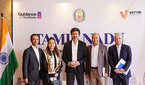  In this image received on Sept. 14, 2026, Tamil Nadu Chief Minister C Joseph Vijay, with other officials, during a meeting to discuss investments in the state's renewable energy sector, in London, UK.