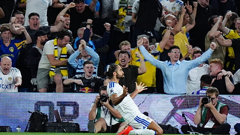 Leeds United's Dominic Calvert-Lewin celebrates scoring during the English Premier League soccer match between Leeds United and Newcastle United in Leeds,
England