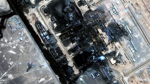 This satellite image provided by Vantor on Sunday, Sept. 13, 2026 shows the aftermath of the recent drone attack on the East-West pipeline in Saudi Arabia.