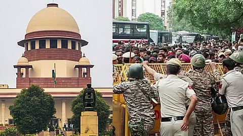 (L) Supreme Court, (R) Security personnel stop Cockroach Janta Party (CJP) protesters during a protest march against the alleged NEET paper leak from Jantar Mantar to Parliament House