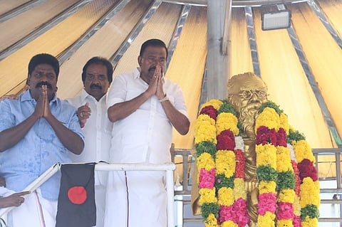 DMK Principal Secretary KN Nehru pays tributes to Periyar in Tiruchy on Thursday

