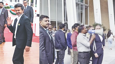(L) CM Vijay, (R) A member of CM’s team appeals to fans against gathering outside Vijay’s hotel premises and transit routes, in London on Wednesday
