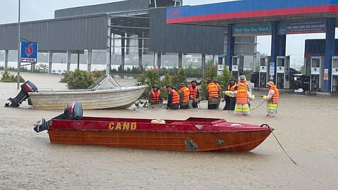 Vietnamese army troops prepare boats for rescue works in flooding areas in Thanh Hoa province, Vietnam