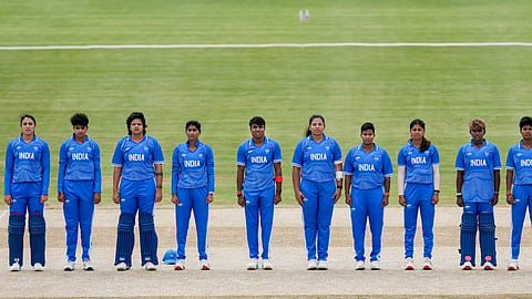 Smriti Mandhana, Richa Ghosh, Deepti Sharma, Shree Charani and others during national anthem before the second semifinal T20I cricket match between India's women and Bangladesh's women in the ongoing Asian Games 2026, in Nisshin, Japan, Sunday, Sept. 20, 2026.