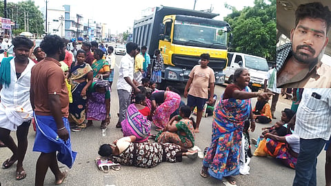 Relatives of deceased Raja (inset) blocking traffic at Ariyalur-Jayankondam Road on Monday