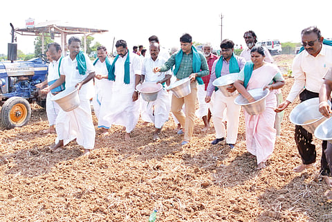 Collector KJ Praveen Kumar, along with farmers, sows seeds directly at Killukudi near Kizhvelur