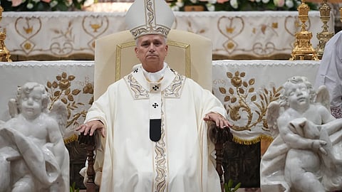 Pope Leo XIV celebrates a mass at the Basilica Sanctuary of the Mother of Good Counsel in Genazzano, central Italy
