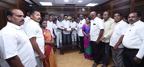 Fisherfolk submitting a memorandum to DMK chief MK Stalin at Anna Arivalayam on Monday
