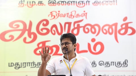 Leader of Opposition and DMK youth wing chief Udhayanidhi Stalin addressing party cadre in Maduranthakam on Monday
