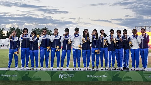 India's captain Harmanpreet Kaur, Smriti Mandhana, Shafali Verma, Richa Ghsoh and teammates pose for photographs with Gold medals after winning the women's final T20I cricket match between India and Sri Lanka in the ongoing Asian Games 2026, in Nagoya, Japan.