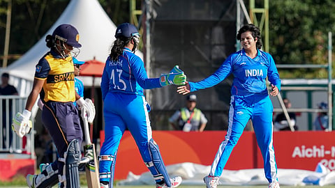 India's Shafali Verma, right, celebrates a wicket with Richa Ghosh during the women's final T20I cricket match between India and Sri Lanka in the ongoing Asian Games 2026, in Nagoya, Japan, Tuesday, Sept. 22, 2026.