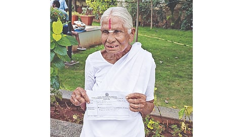 Kamalathal at the Coimbatore Collector’s office to submit a petition on Monday