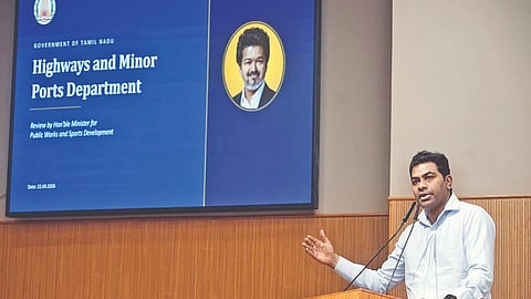 Minister Aadhav Arjuna addressing a review meeting with engineers of the Public Works and Highways departments