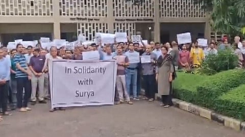 IIT Bombay Faculty Forum members stage a campus march in support of Professor Suryanarayana Doolla, who has been suspended from the deanship of IIT Bombay