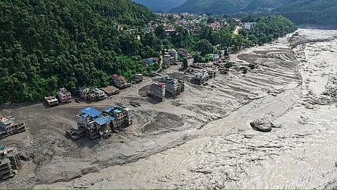 An aerial view of flood affected Bhotekoshi river at Benighat area, in Dhading district, Nepal