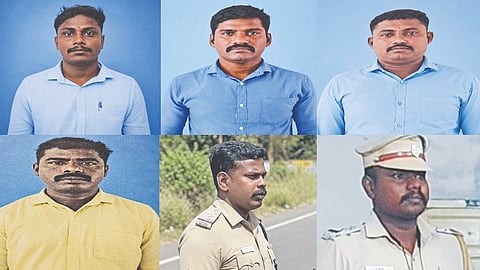 Clockwise from bottom left, constables Mahendran, Deivendran, Kaleeshiwaran, Palaniyappan, SI Guhan and Inspector Dhilipan