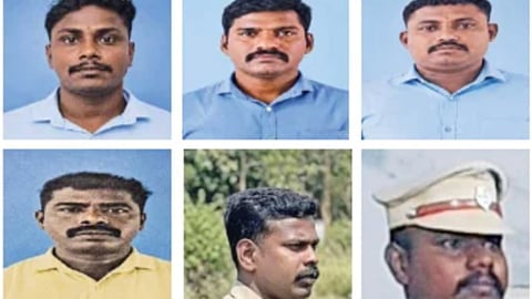 Clockwise from bottom left, constables Mahendran, Deivendran, Kaleeshiwaran, Palaniyappan, SI Guhan and Inspector Dhilipan
