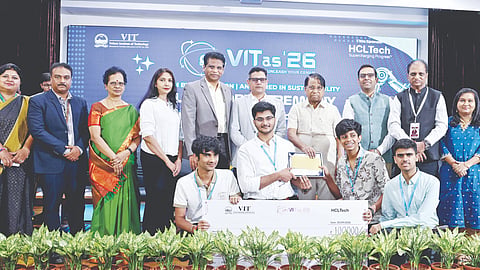 VIT Chancellor G Viswanathan and other dignitaries with winners at the valedictory function of Gravitas event