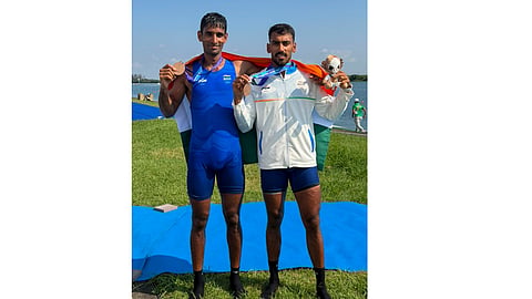 Indian rowers Satnam Singh and Salman Khan pose with their bronze medal in the Men's Double Sculls event at the Asian Games 2026 in Aichi-Nagoya during the 20th Asian Games, in Kaizu, Japan, Thursday, Sept. 24, 2026