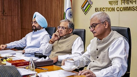 Chief Election Commissioner Gyanesh Kumar, centre, along with Election Commissioners Dr. SS Sandhu, left, and Dr. Vivek Joshi chairs a meeting for the 282 Central Observers deployed across 126 Assembly Constituencies (ACs) in Assam, 140 ACs in Kerala, and 30 ACs in Puducherry, in the presence of Chief Electoral Officers (CEOs) of Assam, Kerala, and Puducherry, in New Delhi.