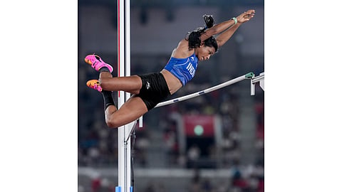 India's Baranica Elangovan competes in the women's pole vault event during the 20th Asian Games, in Nagoya, Japan, Friday, Sept. 25, 2026