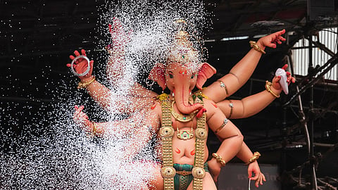  An idol of lord Ganesh, 'Mumbai cha raja', being taken for an immersion ceremony during the conclusion of Ganesh Chaturthi festival, in Mumbai, Friday, Sept. 25, 2026.