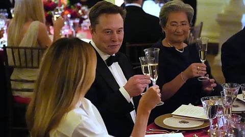 Elon Musk toasts first lady Melania Trump during a State Dinner with President Donald Trump and China's President Xi Jinping in the East Room at the White House