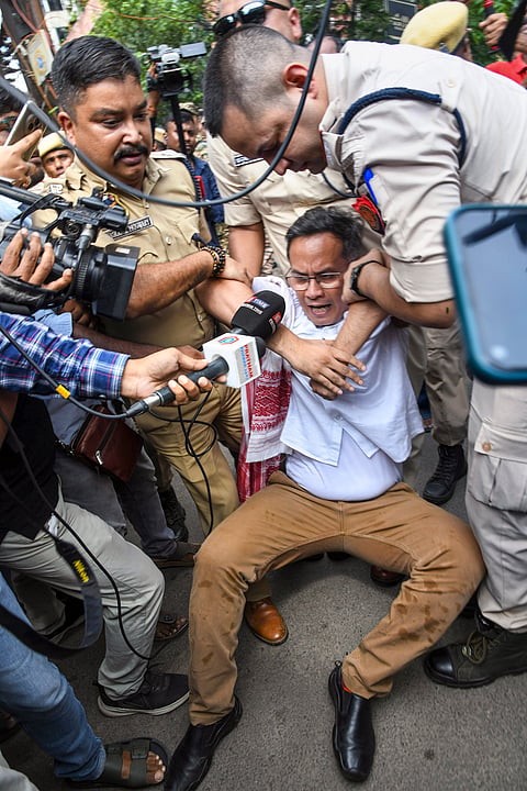 Guwahati: Police personnel detain MP and Assam Pradesh Congress Committee President Gaurav Gogoi during a protest carried out by Assam Pradesh Congress Committee against Chief Election Commissioner (CEC) Gyanesh Kumar, in Guwahati, Assam, Friday, Sept. 25, 2026. 