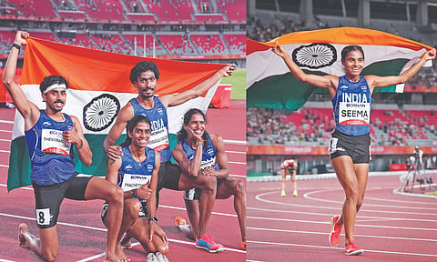 Indian quartet after winning the 4x400m mixed relay. (right) Seema Kumari celebrates her bronze medal in 10,000m race