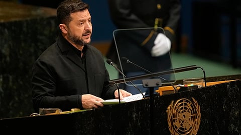 Ukraine's President Volodymyr Zelenskyy speaks during the 81st session of the United Nations General Assembly at United Nations headquarters