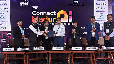 CII official Subburaman hands over the proposal to Additional Chief Secretary Atul Anand during Connect Madurai 2026  programme on Friday