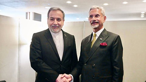 External Affairs Minister S Jaishankar, right, meets Iran's Foreign Affairs Minister Seyed Abbas Araghchi on the sidelines of 81st United Nations General Assembly, in New York