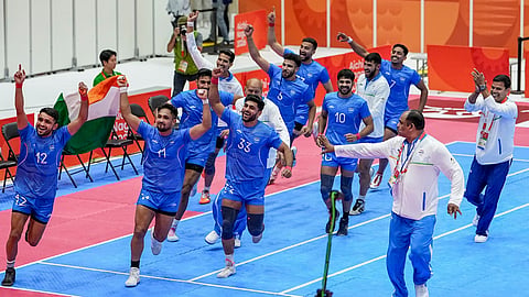 India's players celebrate after winning the men's final Kabaddi match against Iran during the ongoing 20th Asian Games, in Tokai City, Aichi Prefecture, Japan, Saturday, Sept. 26, 2026
