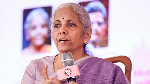 Union Finance Minister Nirmala Sitharaman speaks during an interactive session at the 'Bharat Shakti' Pondy Lit Fest (PLF 2026), in Puducherry.