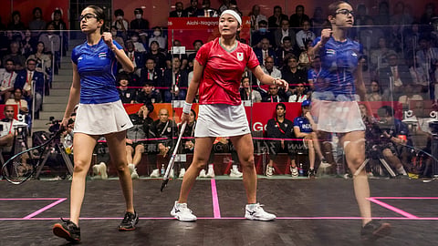 India's Anahat Singh (L) after winning the women's singles semifinal Squash match against Japan's Satomi Watanabe (R) in the ongoing 20th Asian Games, in Nagoya, Japan, Saturday, Sept. 26, 2026