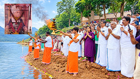 Tributes offered to Sree Moolam Thirunal Rama Varma (inset), erstwhile Travancore ruler, at Pechiparai dam in Kanniyakumari