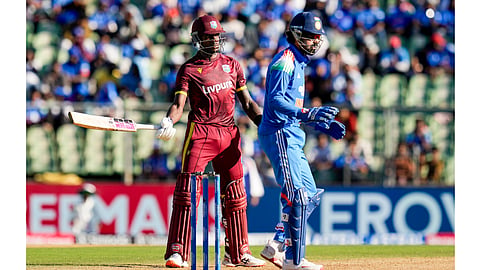 India's KL Rahul, right, and West Indies Justin Greaves during the first One Day International (ODI) cricket match between India and West Indies, in Thiruvananthapuram, Sunday, Sept. 27, 2026