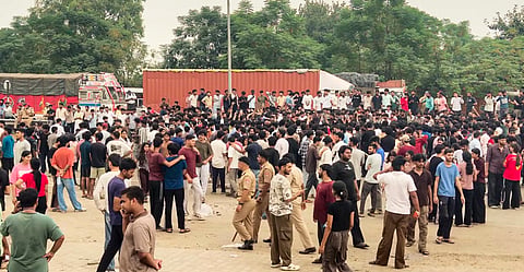 Students of Lovely Professional University (LPU) stage a protest and block the Jalandhar-Phagwara National Highway outside the campus over claims that a female student was raped by an outsider in the university premises, near Phagwara, Punjab