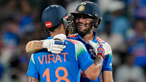 India's Virat Kohli, 18, with captain Shubman Gill celebrates during the first One Day International (ODI) cricket match between India and West Indies, in Thiruvananthapuram, Sunday, Sept. 27, 2026