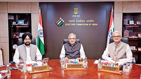 Chief Election Commissioner Gyanesh Kumar and Election Commissioners Sukhbir Singh Sandhu and Vivek Joshi